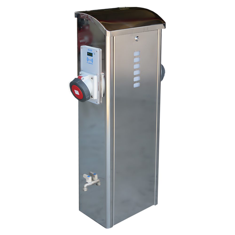 Marine Pedestal Model S1000-XL with stainless steel housing, electrical socket, and water tap for marina utility service