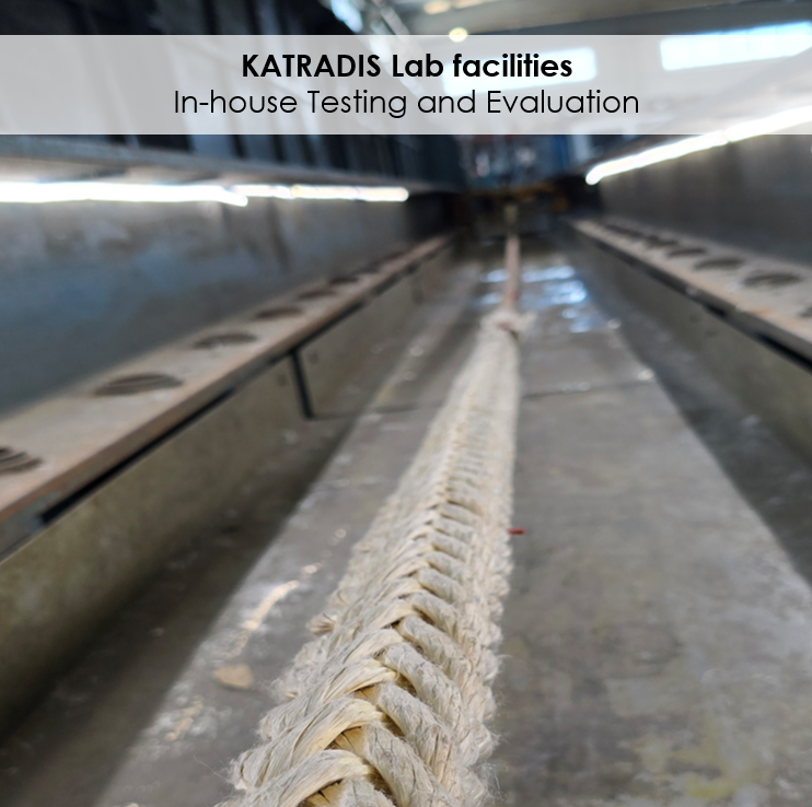 Katradis in-house laboratory testing mooring rope for residual strength according to OCIMF MEG4 standards, using advanced tensile testing equipment.