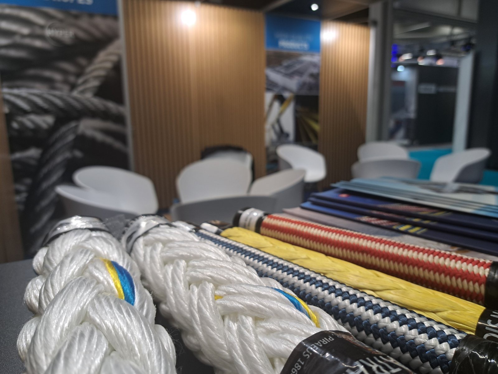 Display of Katradis mooring and towing ropes at the Europort 2025 exhibition booth.